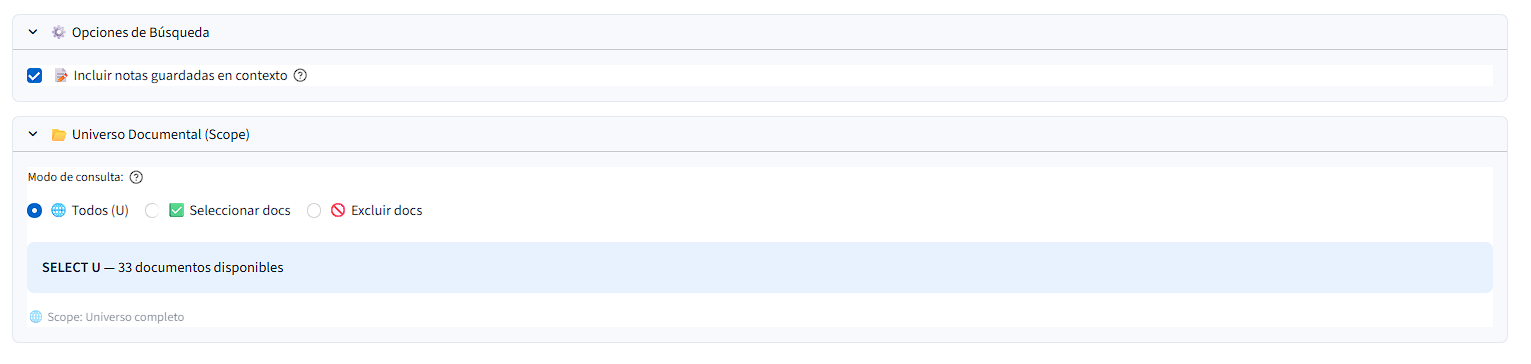 Opciones avanzadas de búsqueda en el chat: modo local, fuentes externas y configuración